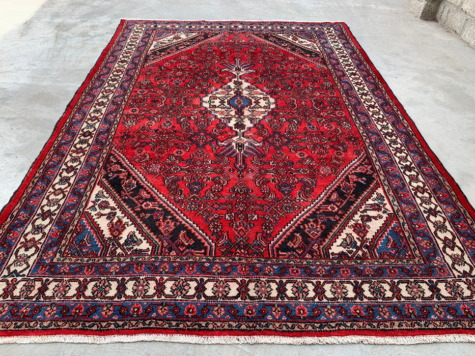Handgemaakt Perzisch wollen vloerkleed 7x10 - Rood Perzisch tapijt in stammstijl met medaillon - Exacte afmetingen 10'1" x 7'1" - KBHM-677
