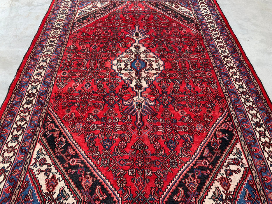 Handgemaakt Perzisch wollen vloerkleed 7x10 - Rood Perzisch tapijt in stammstijl met medaillon - Exacte afmetingen 10'1" x 7'1" - KBHM-677
