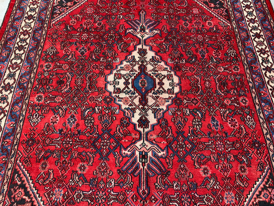Handgemaakt Perzisch wollen vloerkleed 7x10 - Rood Perzisch tapijt in stammstijl met medaillon - Exacte afmetingen 10'1" x 7'1" - KBHM-677
