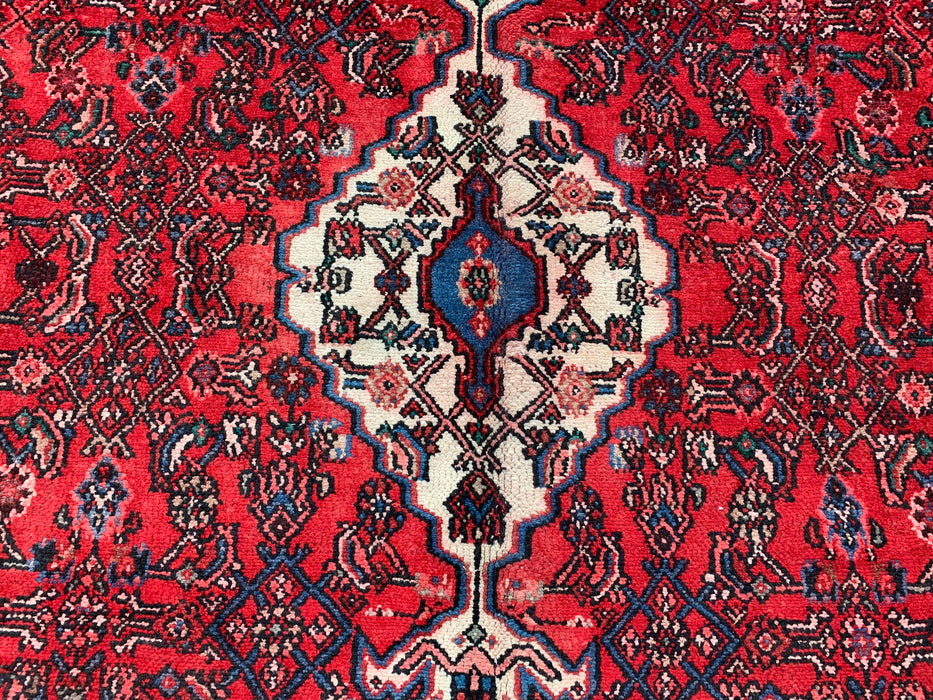 Handgemaakt Perzisch wollen vloerkleed 7x10 - Rood Perzisch tapijt in stammstijl met medaillon - Exacte afmetingen 10'1" x 7'1" - KBHM-677