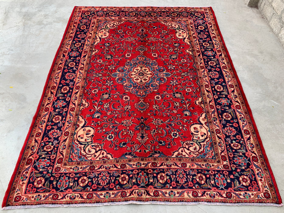 9'8 x 7'8 Handgeknoopt Perzisch wollen tapijt - Rood bloemenmedaillon vloerkleed - KBHM-678