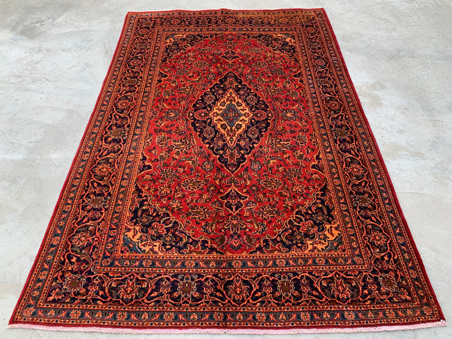 Handgemaakt Perzisch wollen vloerkleed 7x10 - Rood Perzisch tapijt met bloemenmedaillon - Exacte afmetingen 9'5" x 6'3" - KBHM-683