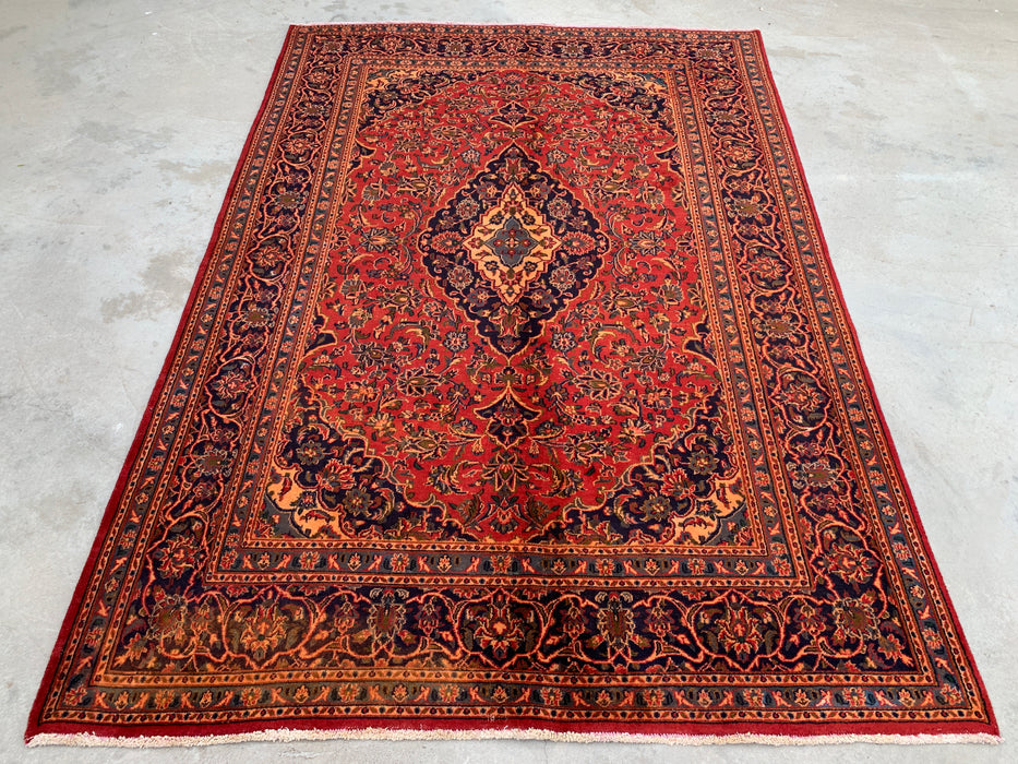 Handgemaakt Perzisch wollen vloerkleed 7x10 - Rood Perzisch tapijt met bloemenmedaillon - Exacte afmetingen 9'5" x 6'3" - KBHM-683