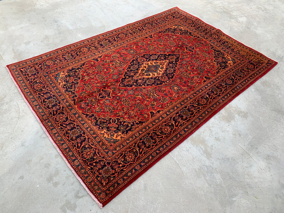 Handgemaakt Perzisch wollen vloerkleed 7x10 - Rood Perzisch tapijt met bloemenmedaillon - Exacte afmetingen 9'5" x 6'3" - KBHM-683