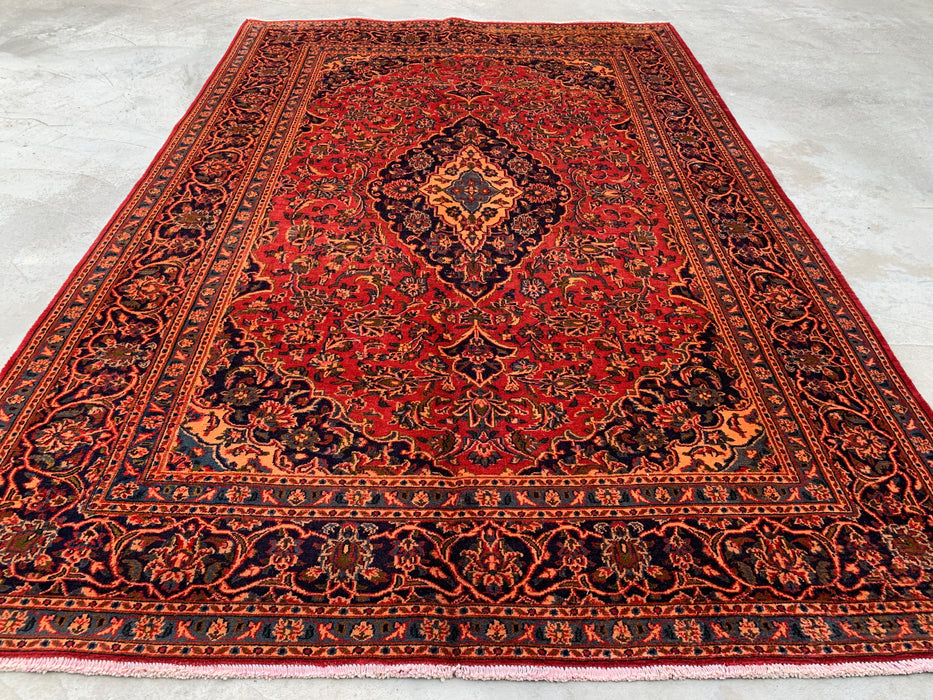 Handgemaakt Perzisch wollen vloerkleed 7x10 - Rood Perzisch tapijt met bloemenmedaillon - Exacte afmetingen 9'5" x 6'3" - KBHM-683