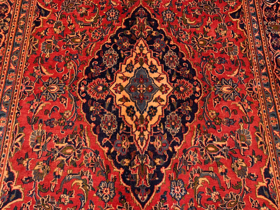 Handgemaakt Perzisch wollen vloerkleed 7x10 - Rood Perzisch tapijt met bloemenmedaillon - Exacte afmetingen 9'5" x 6'3" - KBHM-683