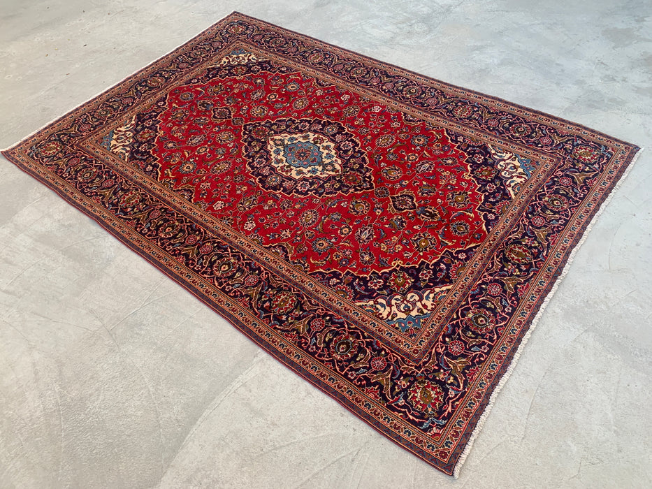 Handgemaakt Perzisch wollen vloerkleed 7x10 - Rood bloemrijk medaillon Perzisch stijl kleed - Exacte afmeting 9'7" x 6'7" - KBHM-684