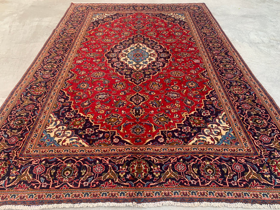 Handgemaakt Perzisch wollen vloerkleed 7x10 - Rood bloemrijk medaillon Perzisch stijl kleed - Exacte afmeting 9'7" x 6'7" - KBHM-684