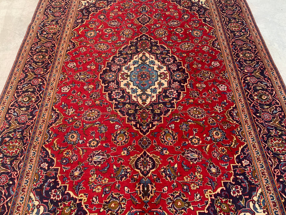 Handgemaakt Perzisch wollen vloerkleed 7x10 - Rood bloemrijk medaillon Perzisch stijl kleed - Exacte afmeting 9'7" x 6'7" - KBHM-684