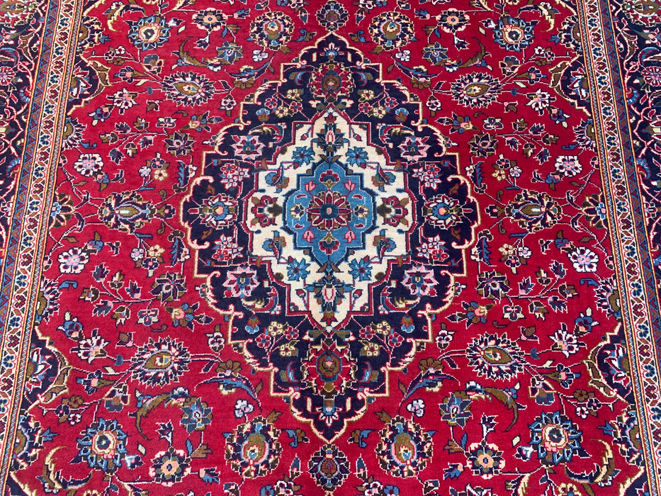 Handgemaakt Perzisch wollen vloerkleed 7x10 - Rood bloemrijk medaillon Perzisch stijl kleed - Exacte afmeting 9'7" x 6'7" - KBHM-684