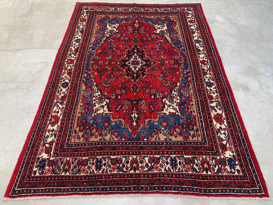 Handgemaakt Perzisch wollen vloerkleed 7x10 - Rood Perzisch tapijt met bloemenmedaillon - Exacte afmetingen 10'4" x 7'2" - KBHM-688