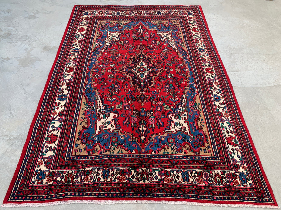 Handgemaakt Perzisch wollen vloerkleed 7x10 - Rood Perzisch tapijt met bloemenmedaillon - Exacte afmetingen 10'4" x 7'2" - KBHM-688