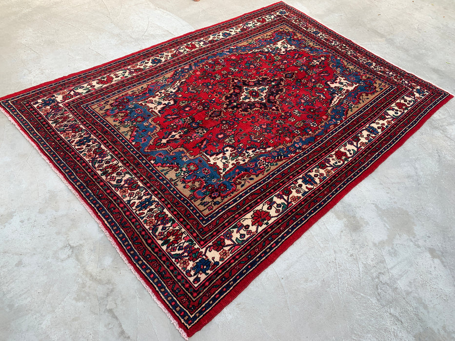 Handgemaakt Perzisch wollen vloerkleed 7x10 - Rood Perzisch tapijt met bloemenmedaillon - Exacte afmetingen 10'4" x 7'2" - KBHM-688