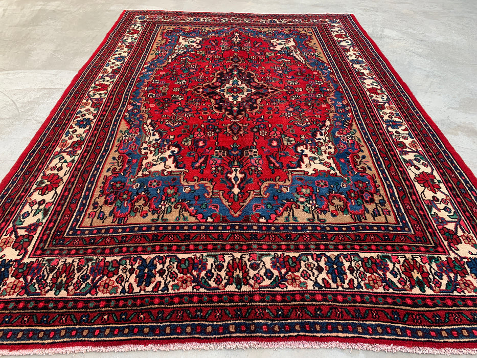 Handgemaakt Perzisch wollen vloerkleed 7x10 - Rood Perzisch tapijt met bloemenmedaillon - Exacte afmetingen 10'4" x 7'2" - KBHM-688