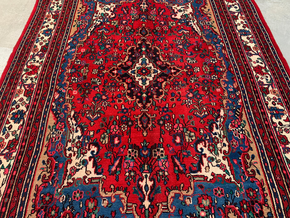 Handgemaakt Perzisch wollen vloerkleed 7x10 - Rood Perzisch tapijt met bloemenmedaillon - Exacte afmetingen 10'4" x 7'2" - KBHM-688