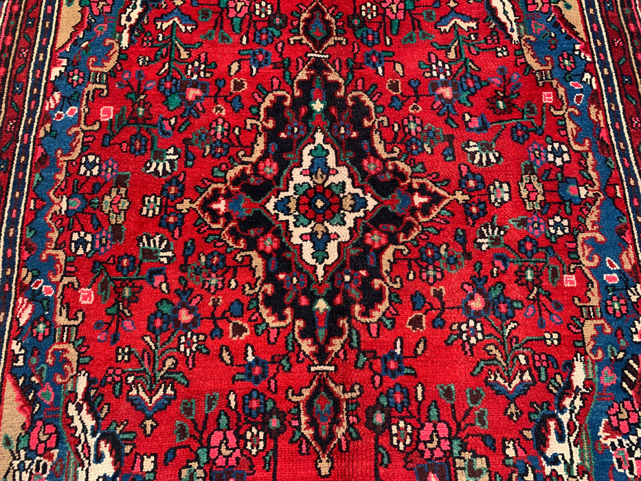 Handgemaakt Perzisch wollen vloerkleed 7x10 - Rood Perzisch tapijt met bloemenmedaillon - Exacte afmetingen 10'4" x 7'2" - KBHM-688