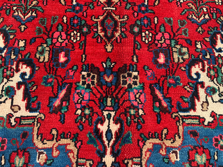 Handgemaakt Perzisch wollen vloerkleed 7x10 - Rood Perzisch tapijt met bloemenmedaillon - Exacte afmetingen 10'4" x 7'2" - KBHM-688
