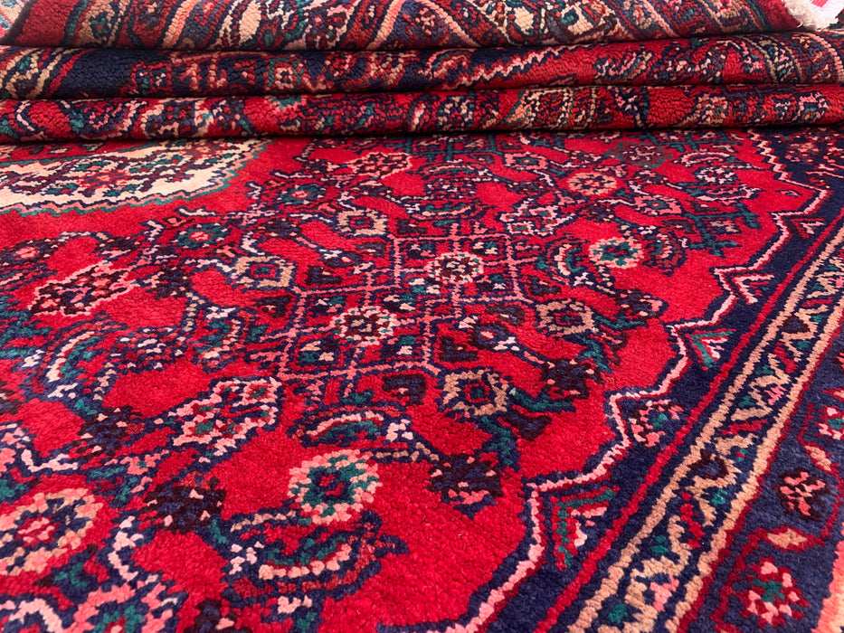 Handgemaakt Perzisch wollen vloerkleed 7x10 - Rood Perzisch tapijt in tribal medaillonstijl - Exacte afmeting 10'1" x 7'1" - KBHM-692