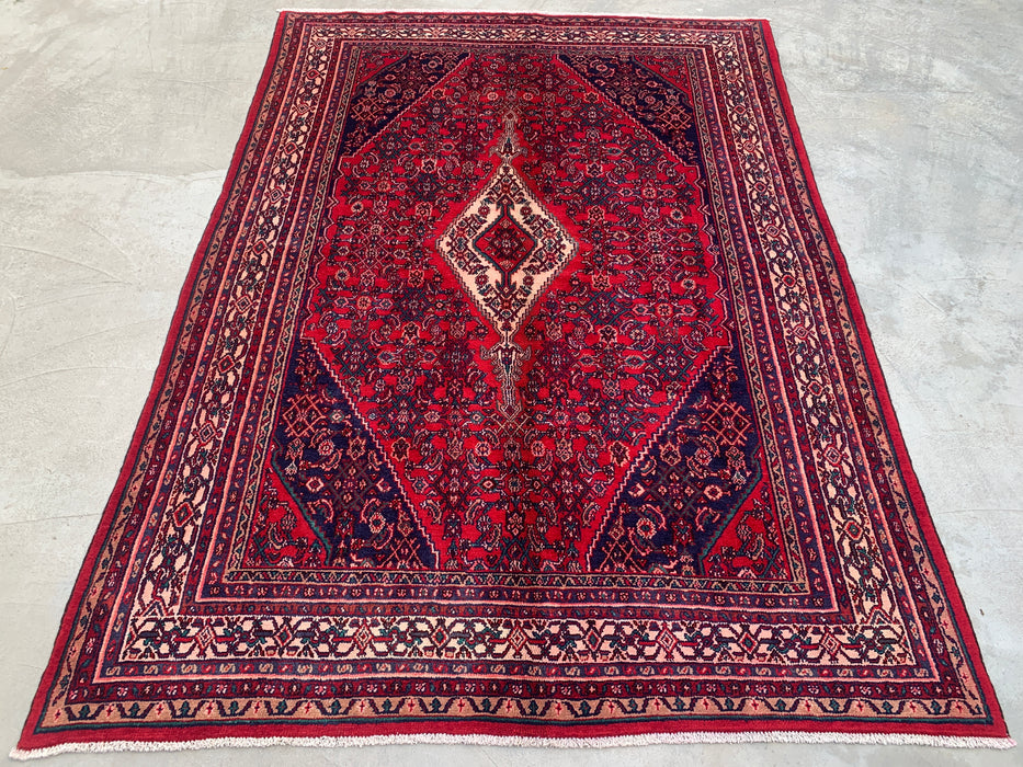 Handgemaakt Perzisch wollen vloerkleed 7x10 - Rood Perzisch tapijt in tribal medaillonstijl - Exacte afmeting 10'1" x 7'1" - KBHM-692