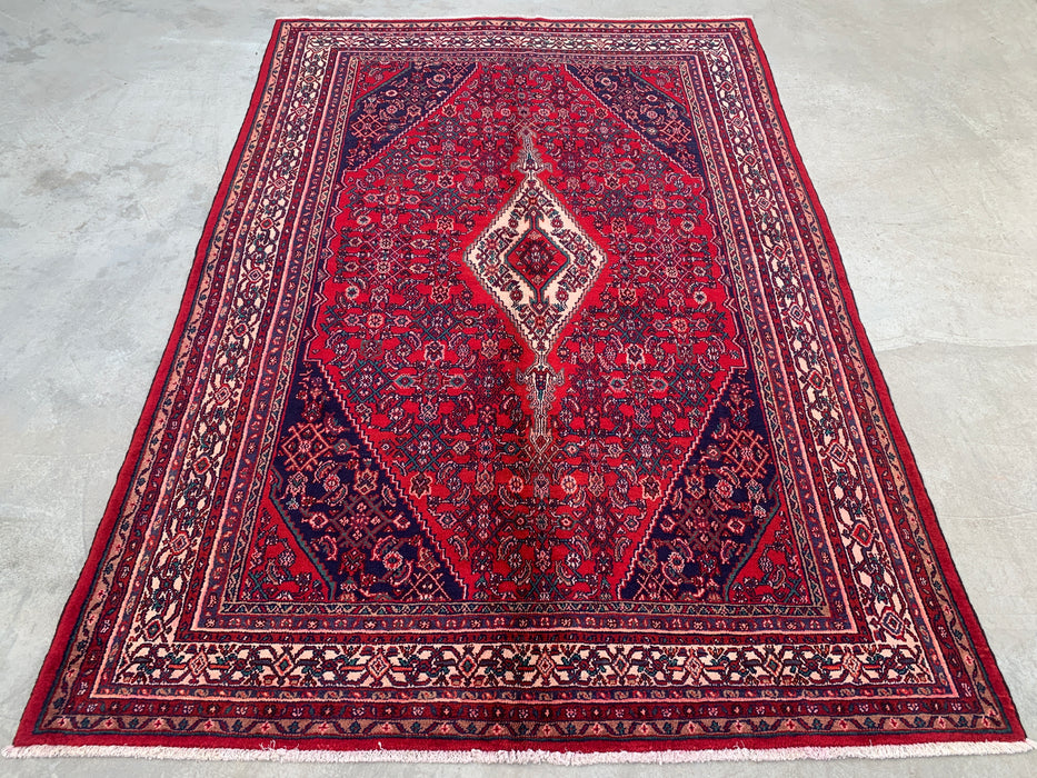 Handgemaakt Perzisch wollen vloerkleed 7x10 - Rood Perzisch tapijt in tribal medaillonstijl - Exacte afmeting 10'1" x 7'1" - KBHM-692