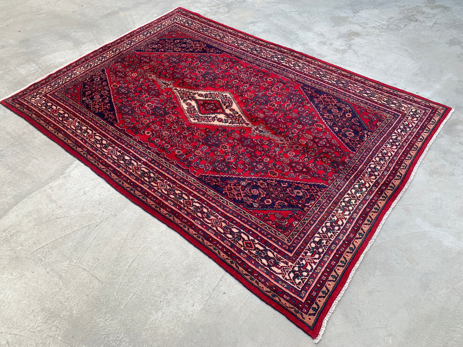 Handgemaakt Perzisch wollen vloerkleed 7x10 - Rood Perzisch tapijt in tribal medaillonstijl - Exacte afmeting 10'1" x 7'1" - KBHM-692