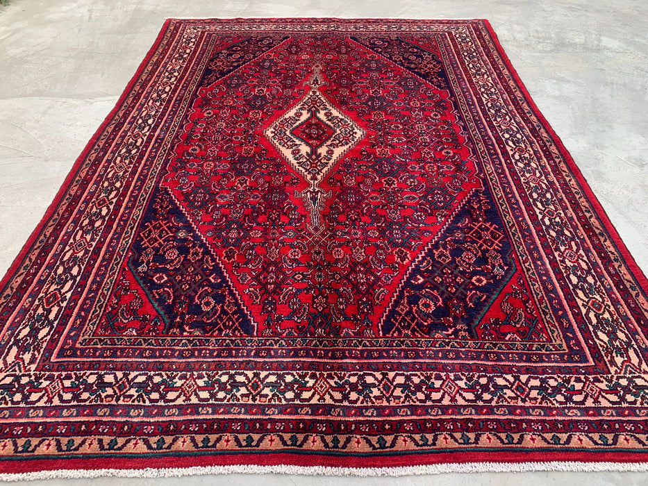 Handgemaakt Perzisch wollen vloerkleed 7x10 - Rood Perzisch tapijt in tribal medaillonstijl - Exacte afmeting 10'1" x 7'1" - KBHM-692