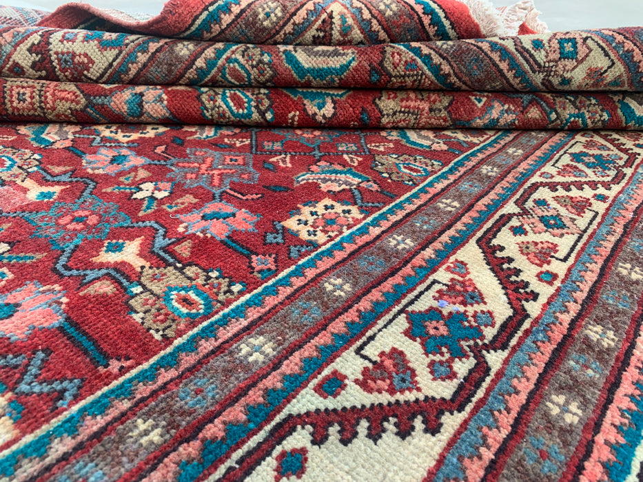 Handmade Persian Wool Area Rug 7x10 - Red Tribal Geometric Persian Style Rug - Exact Size 9'9" x 5'3" - KBHM-693