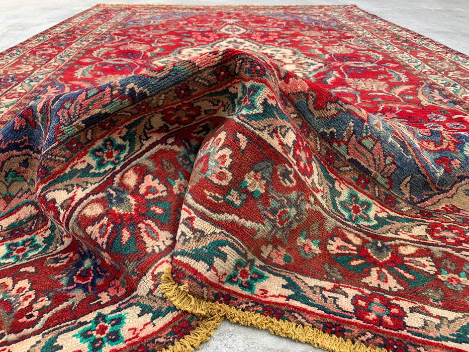 Handgeweven Perzisch wollen vloerkleed 213x305 cm - Rood, marineblauw & ivoorkleurig Perzisch stijl kleed met bloemenmedaillon - Exacte afmeting 315 cm x 208 cm - KBHM-695