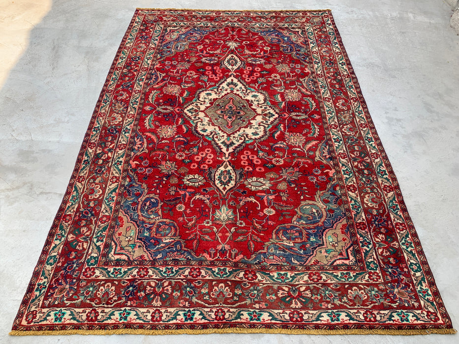 Handgeweven Perzisch wollen vloerkleed 213x305 cm - Rood, marineblauw & ivoorkleurig Perzisch stijl kleed met bloemenmedaillon - Exacte afmeting 315 cm x 208 cm - KBHM-695