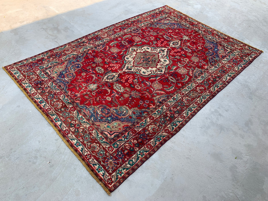 Handgeweven Perzisch wollen vloerkleed 213x305 cm - Rood, marineblauw & ivoorkleurig Perzisch stijl kleed met bloemenmedaillon - Exacte afmeting 315 cm x 208 cm - KBHM-695