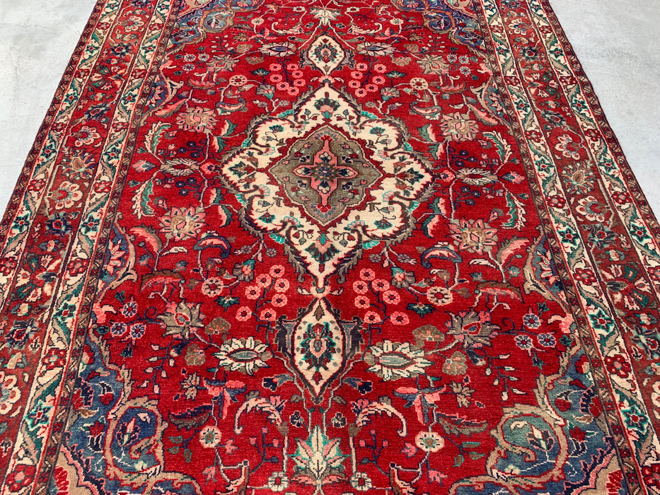 Handgeweven Perzisch wollen vloerkleed 213x305 cm - Rood, marineblauw & ivoorkleurig Perzisch stijl kleed met bloemenmedaillon - Exacte afmeting 315 cm x 208 cm - KBHM-695
