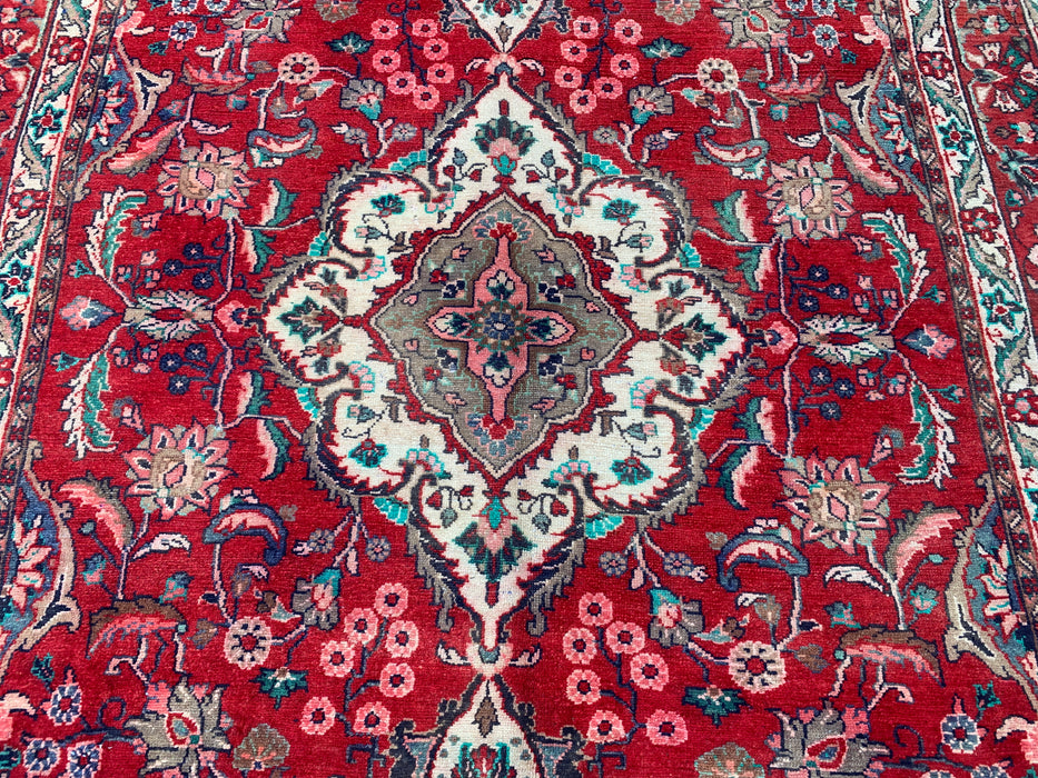 Handgeweven Perzisch wollen vloerkleed 213x305 cm - Rood, marineblauw & ivoorkleurig Perzisch stijl kleed met bloemenmedaillon - Exacte afmeting 315 cm x 208 cm - KBHM-695