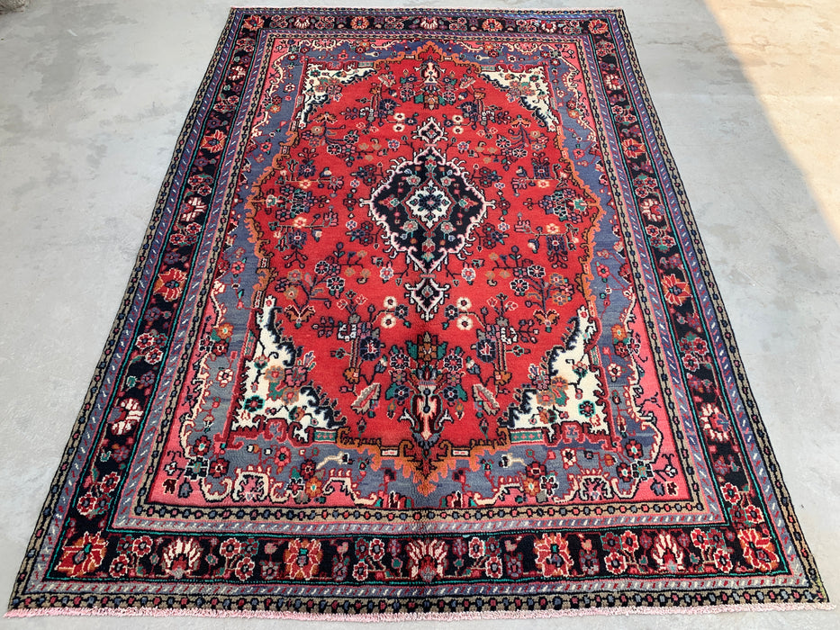 Handgemaakt Perzisch wollen vloerkleed 210x300 - Rood, blauw & ivoor bloemrijk medaillon Perzische stijl vloerkleed - Exacte afmeting 302 cm x 211 cm - KBHM-696