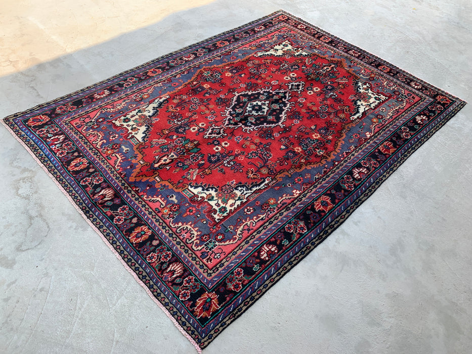 Handgemaakt Perzisch wollen vloerkleed 210x300 - Rood, blauw & ivoor bloemrijk medaillon Perzische stijl vloerkleed - Exacte afmeting 302 cm x 211 cm - KBHM-696