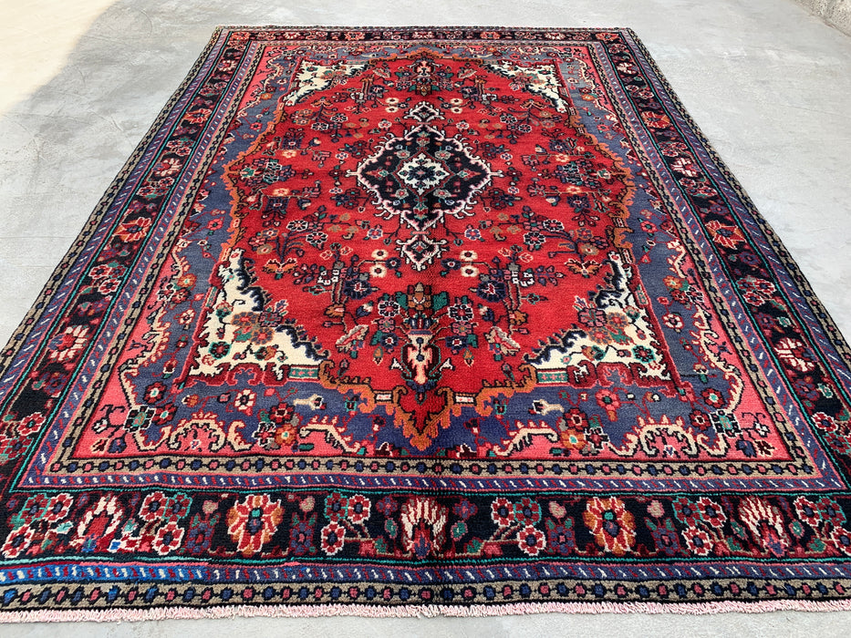 Handgemaakt Perzisch wollen vloerkleed 210x300 - Rood, blauw & ivoor bloemrijk medaillon Perzische stijl vloerkleed - Exacte afmeting 302 cm x 211 cm - KBHM-696
