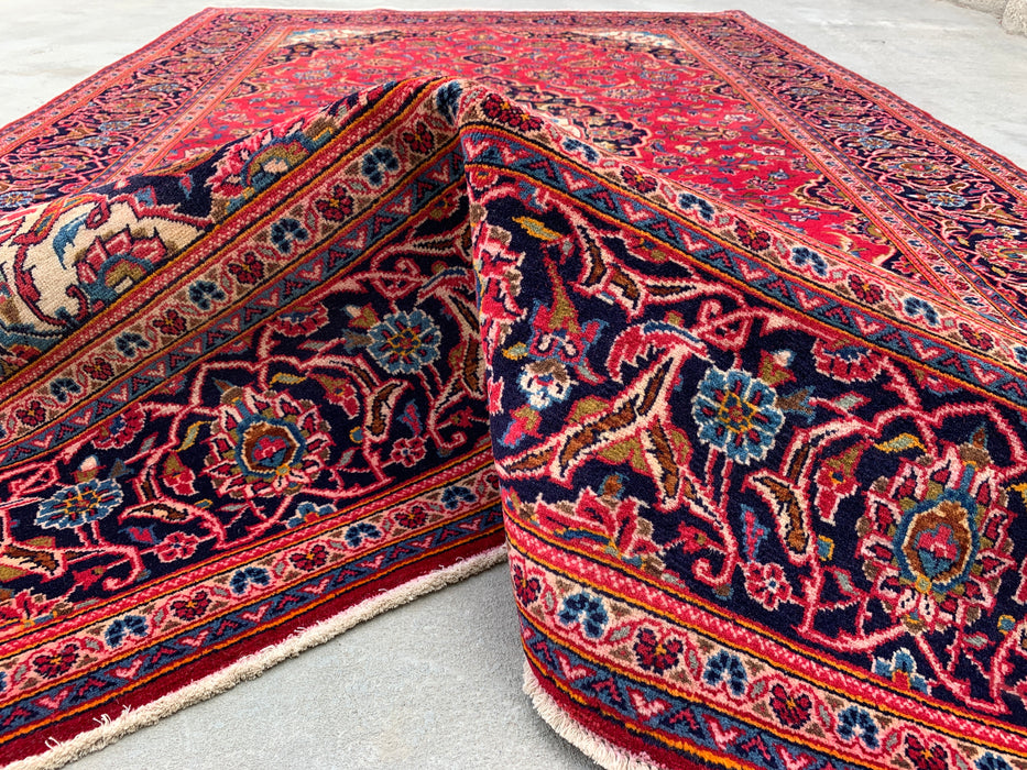 Handgemaakt Perzisch wollen vloerkleed 213x305 cm - Rood, marineblauw & ivoorkleurig Perzisch stijl vloerkleed met bloemenmedaillon - Exacte afmeting 318 cm x 198 cm - KBHM-698