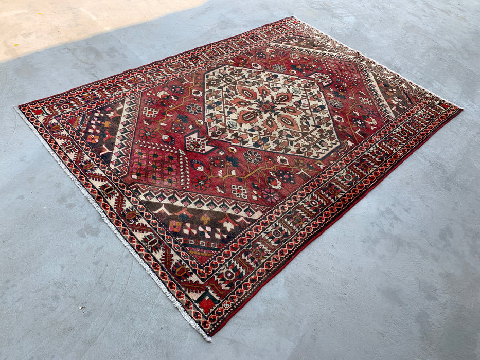 295 x 206 cm handgeknoopt Perzisch wollen tapijt – Rood, ivoor & bruin tribaal geometrisch ontwerp – KBHM-699