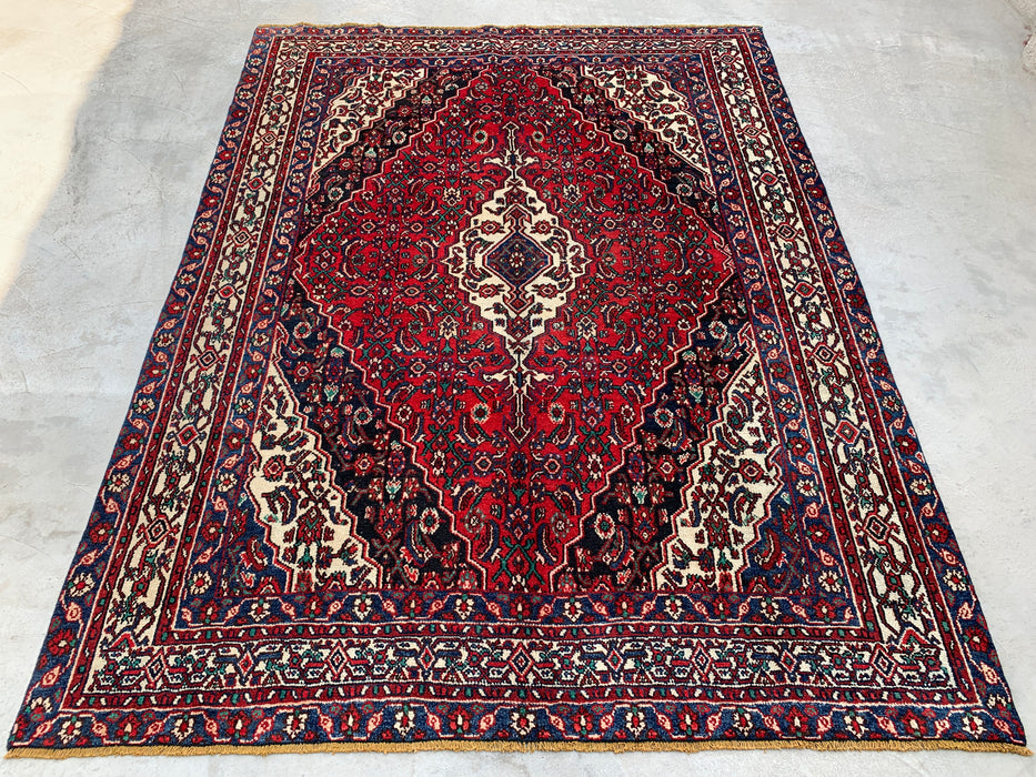 297 cm x 224 cm handgeknoopt Perzisch wollen tapijt – Rood, marineblauw & ivoorkleurig bloemenmedaillonontwerp – KBHM-701