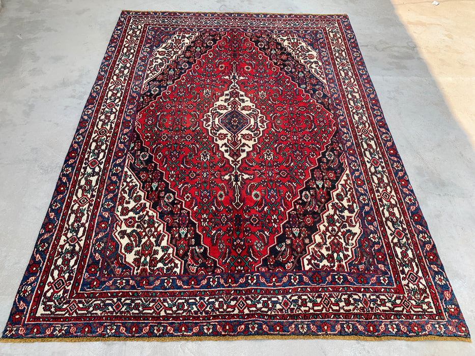297 cm x 224 cm handgeknoopt Perzisch wollen tapijt – Rood, marineblauw & ivoorkleurig bloemenmedaillonontwerp – KBHM-701