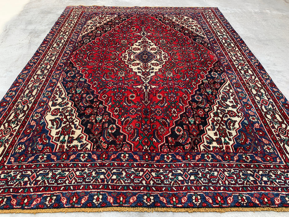 297 cm x 224 cm handgeknoopt Perzisch wollen tapijt – Rood, marineblauw & ivoorkleurig bloemenmedaillonontwerp – KBHM-701
