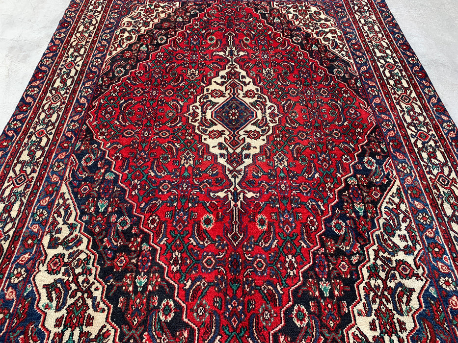 297 cm x 224 cm handgeknoopt Perzisch wollen tapijt – Rood, marineblauw & ivoorkleurig bloemenmedaillonontwerp – KBHM-701