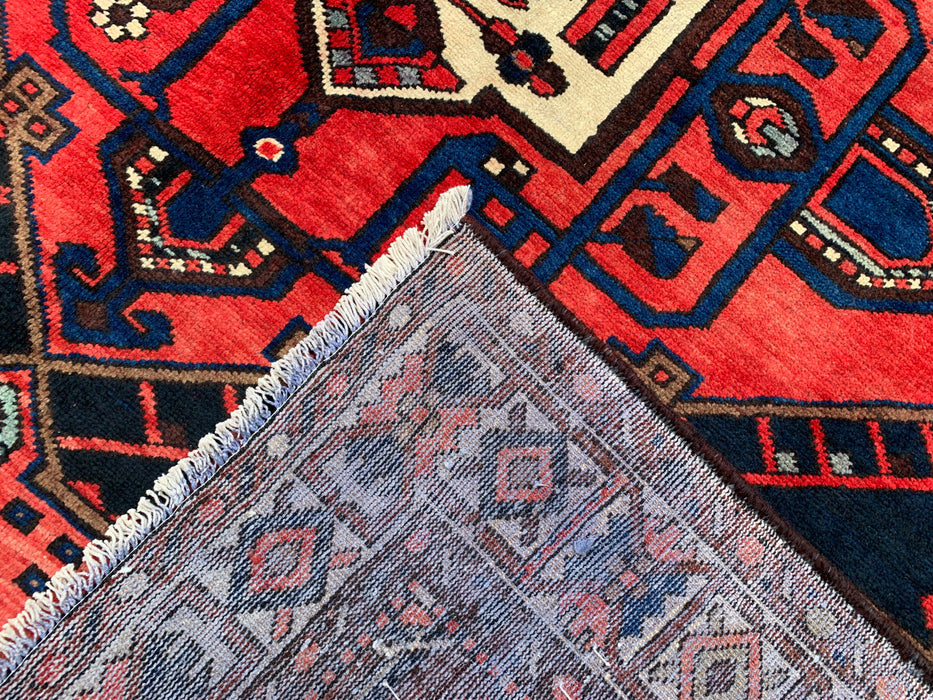 Handgemaakt Perzisch wollen vloerkleed 215x305 cm - Rood, marineblauw en ivoorkleurig tribaal geometrisch medaillon Perzische stijl kleed - Exacte afmeting 307 cm x 203 cm - KBHM-702