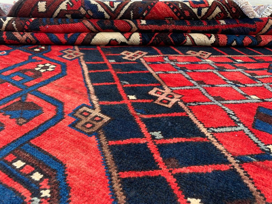 Handgemaakt Perzisch wollen vloerkleed 215x305 cm - Rood, marineblauw en ivoorkleurig tribaal geometrisch medaillon Perzische stijl kleed - Exacte afmeting 307 cm x 203 cm - KBHM-702