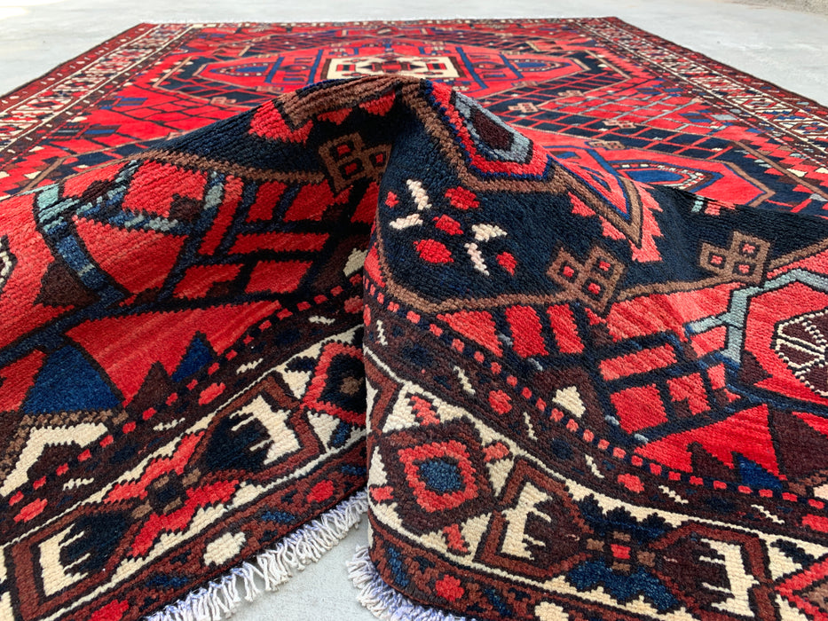 Handgemaakt Perzisch wollen vloerkleed 215x305 cm - Rood, marineblauw en ivoorkleurig tribaal geometrisch medaillon Perzische stijl kleed - Exacte afmeting 307 cm x 203 cm - KBHM-702