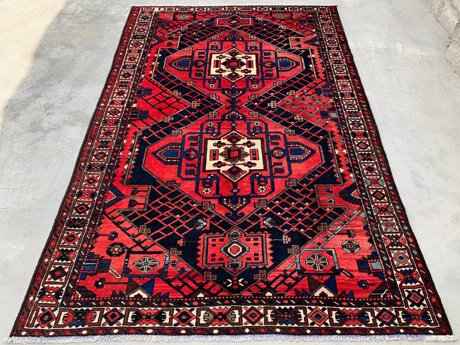 Handgemaakt Perzisch wollen vloerkleed 215x305 cm - Rood, marineblauw en ivoorkleurig tribaal geometrisch medaillon Perzische stijl kleed - Exacte afmeting 307 cm x 203 cm - KBHM-702