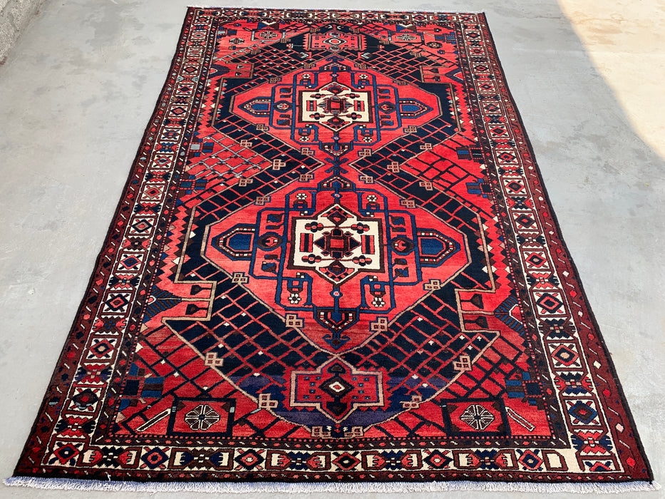 Handgemaakt Perzisch wollen vloerkleed 215x305 cm - Rood, marineblauw en ivoorkleurig tribaal geometrisch medaillon Perzische stijl kleed - Exacte afmeting 307 cm x 203 cm - KBHM-702