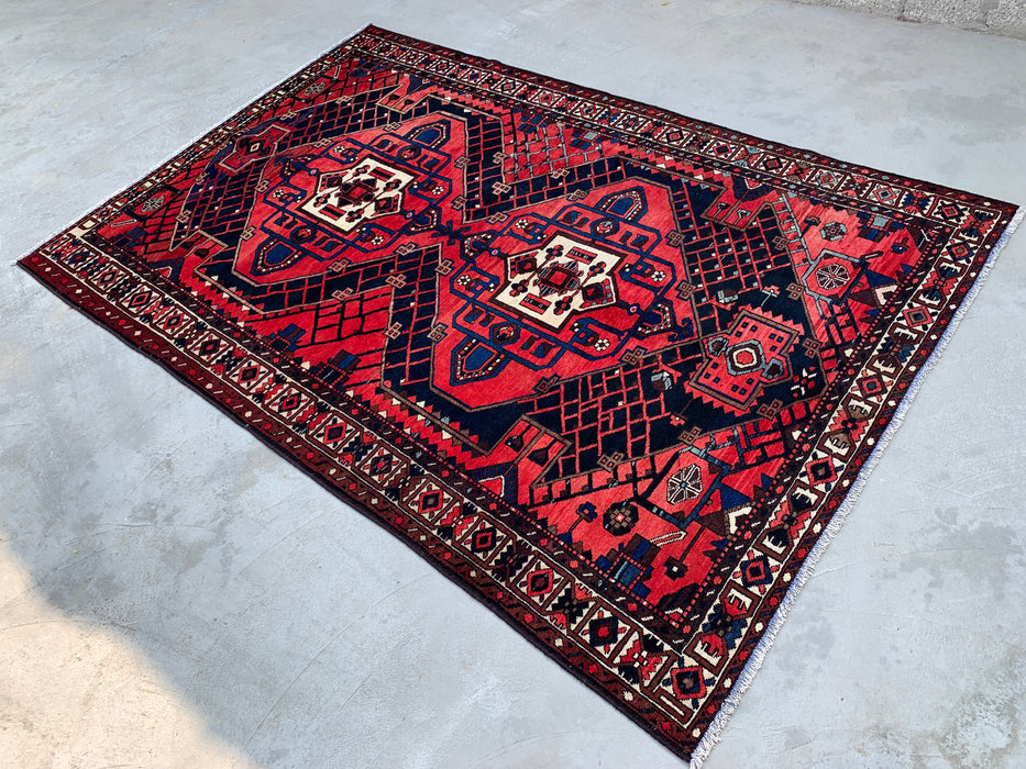 Handgemaakt Perzisch wollen vloerkleed 215x305 cm - Rood, marineblauw en ivoorkleurig tribaal geometrisch medaillon Perzische stijl kleed - Exacte afmeting 307 cm x 203 cm - KBHM-702