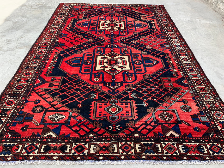 Handgemaakt Perzisch wollen vloerkleed 215x305 cm - Rood, marineblauw en ivoorkleurig tribaal geometrisch medaillon Perzische stijl kleed - Exacte afmeting 307 cm x 203 cm - KBHM-702