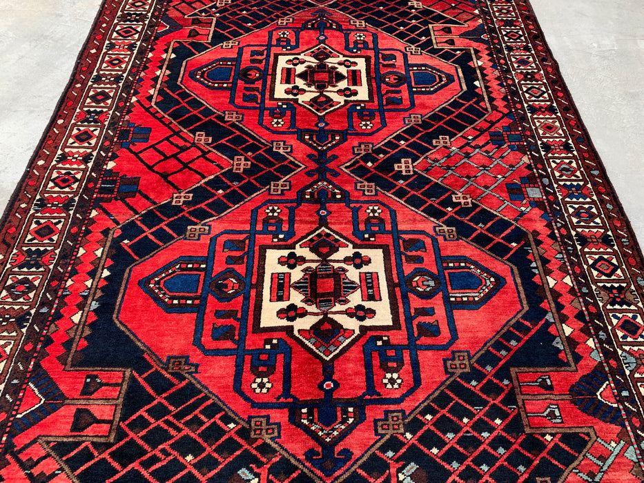 Handgemaakt Perzisch wollen vloerkleed 215x305 cm - Rood, marineblauw en ivoorkleurig tribaal geometrisch medaillon Perzische stijl kleed - Exacte afmeting 307 cm x 203 cm - KBHM-702