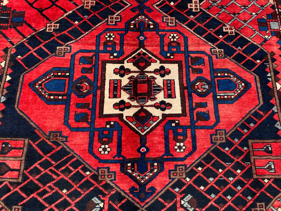 Handgemaakt Perzisch wollen vloerkleed 215x305 cm - Rood, marineblauw en ivoorkleurig tribaal geometrisch medaillon Perzische stijl kleed - Exacte afmeting 307 cm x 203 cm - KBHM-702